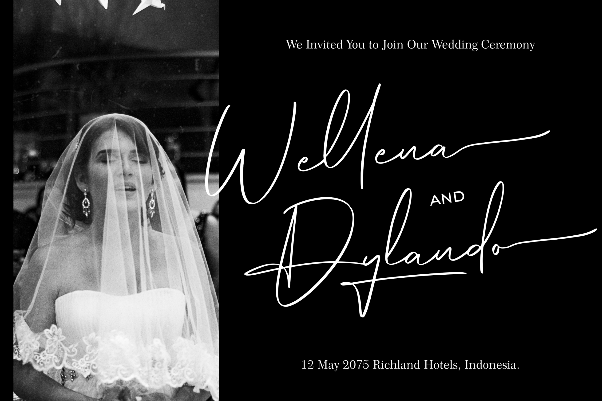 Black white wedding invitation mockup with bride photo, elegant script names, ceremony details on dark background
