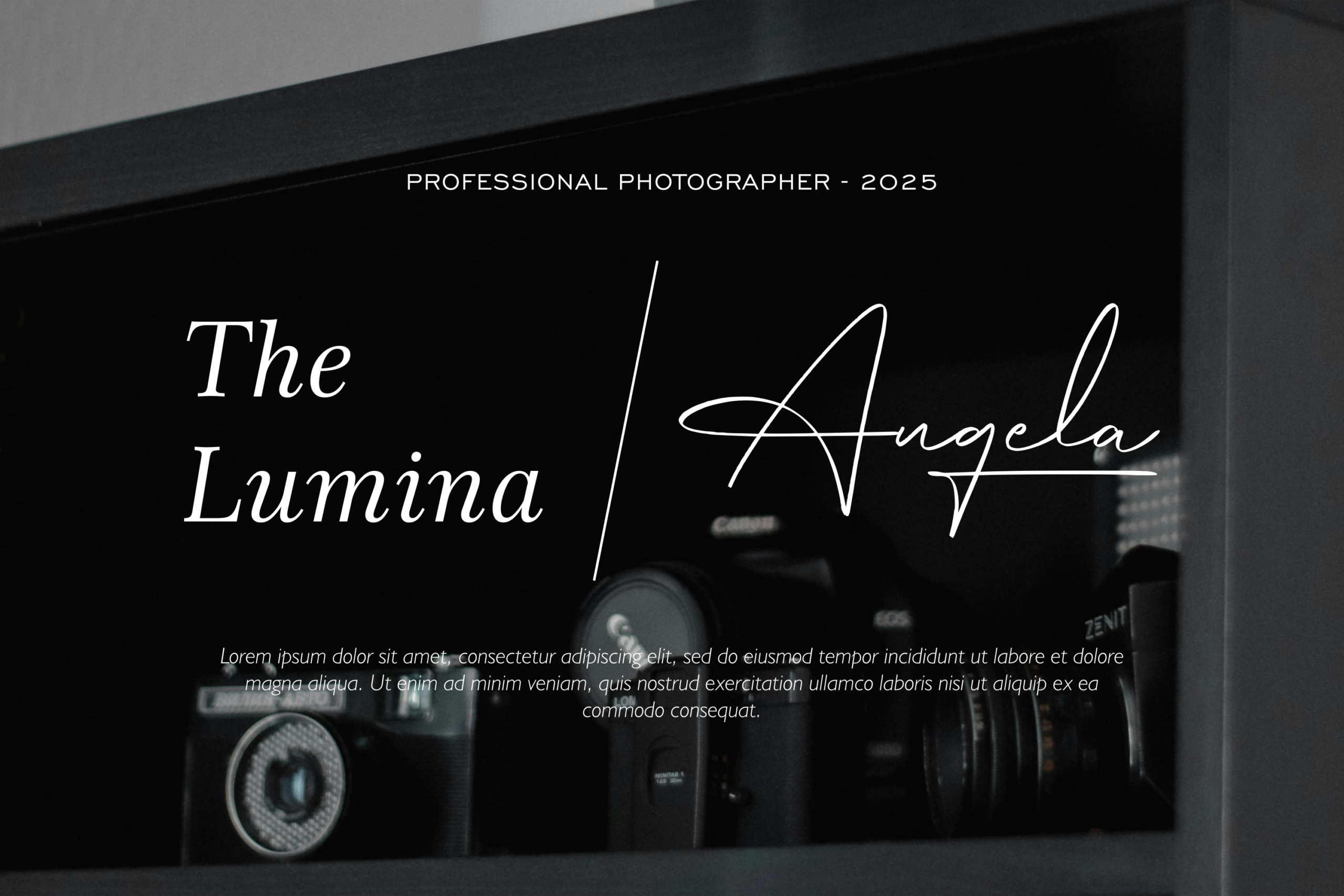 Sleek black portfolio layout with camera equipment, elegant serif type, script signature overlay