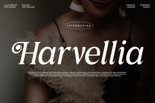 Harvellia serif typeface showcase with italic styling over moody fashion photography backdrop