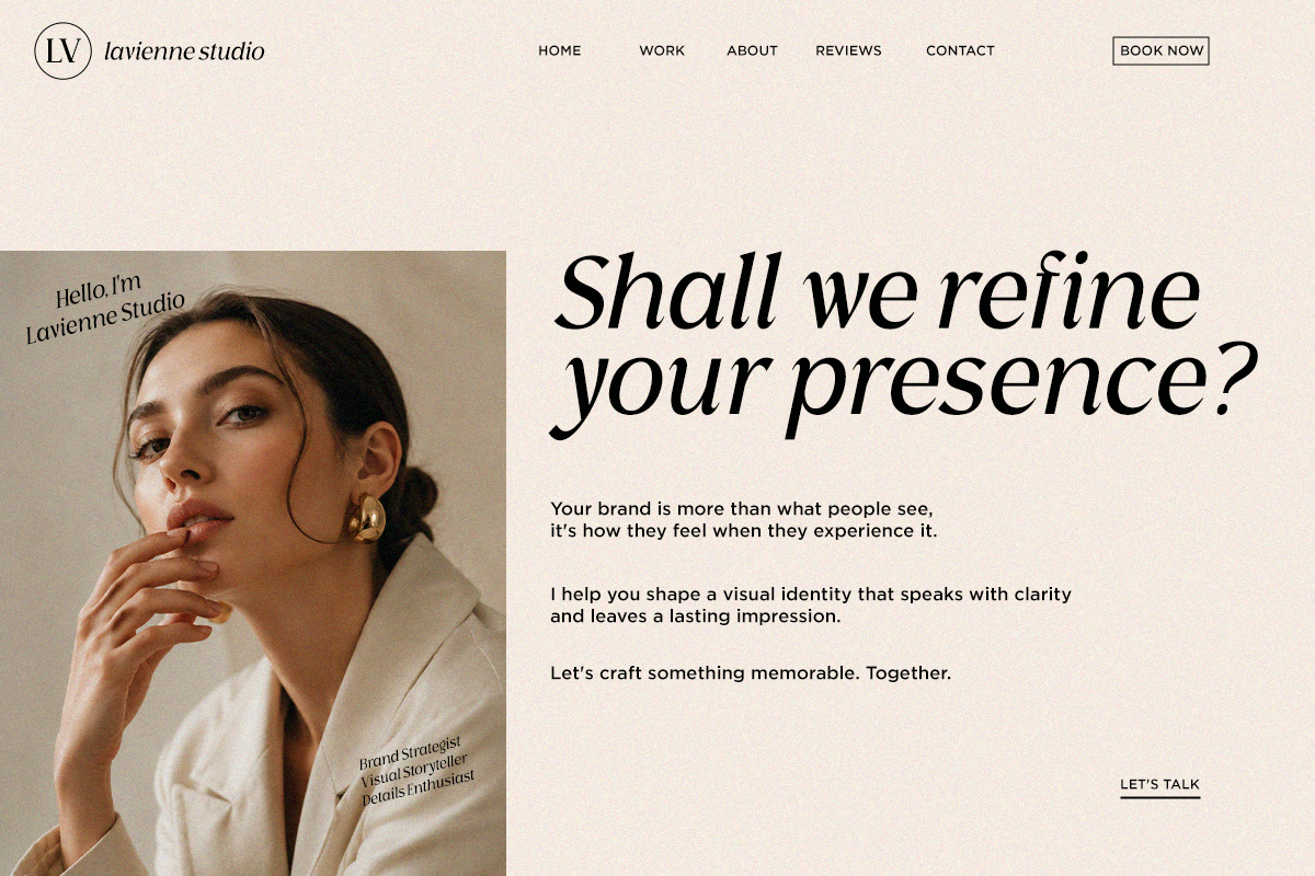 Lavienne Studio website hero with woman in cream shirt, navigation menu, brand messaging about visual identity
