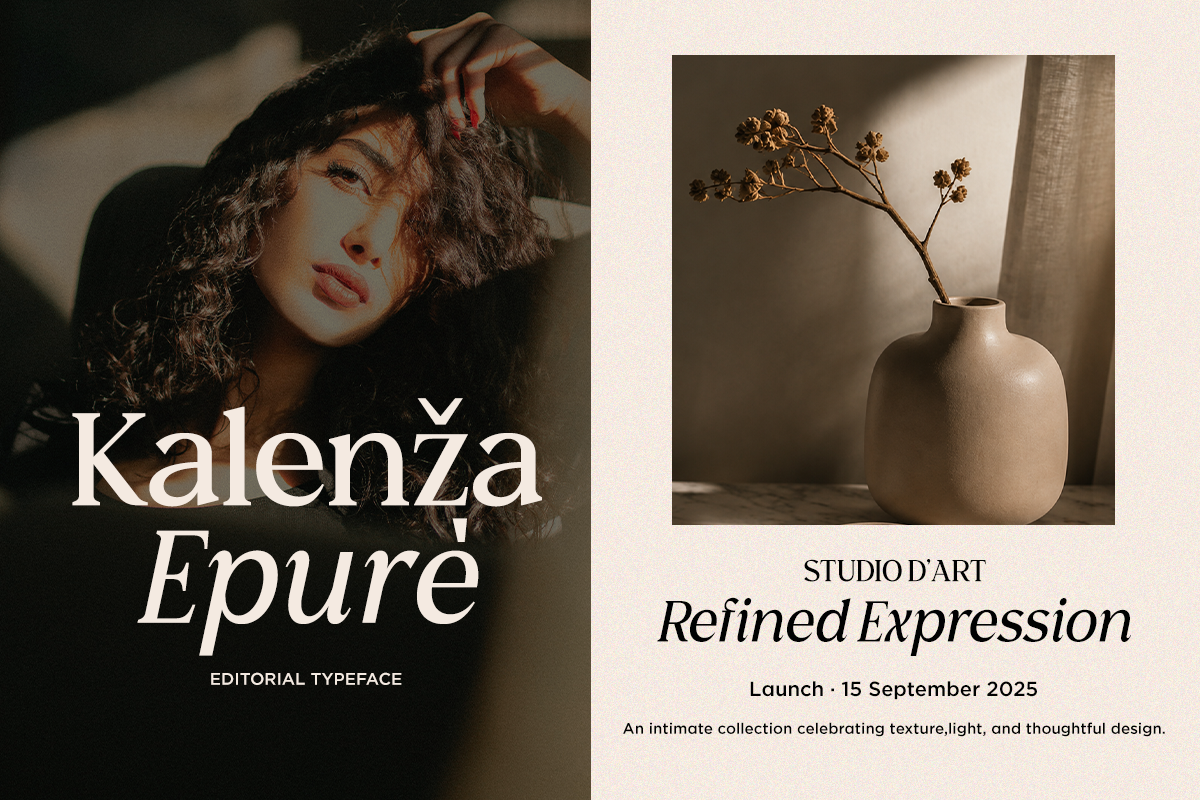 Kalenza Epure editorial typeface with moody portrait, neutral vase styling, minimal layout mockup