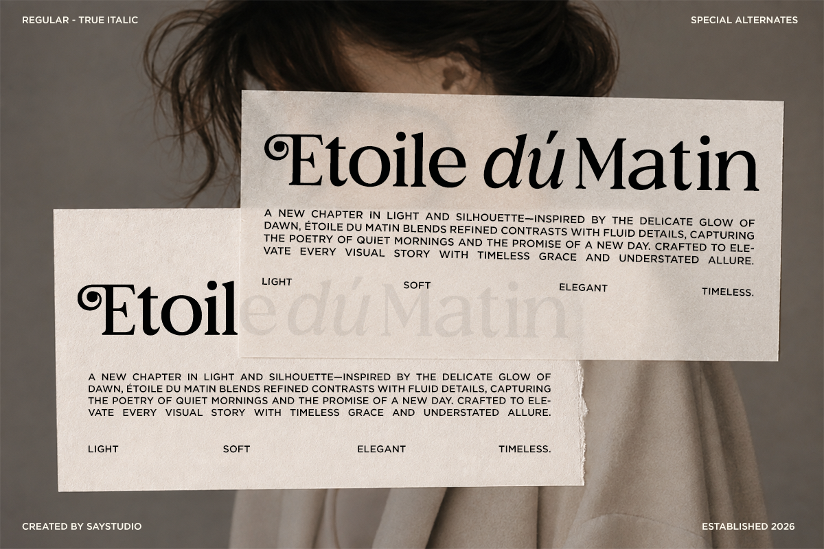 Etoile du Matin serif font display showing regular italic style with soft elegant letterforms on cream background