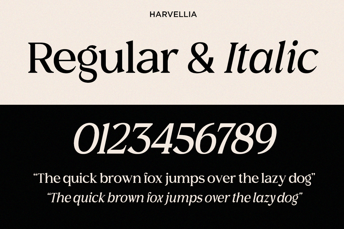 Harvellia serif font in regular plus italic weights with numbers, uppercase, lowercase samples