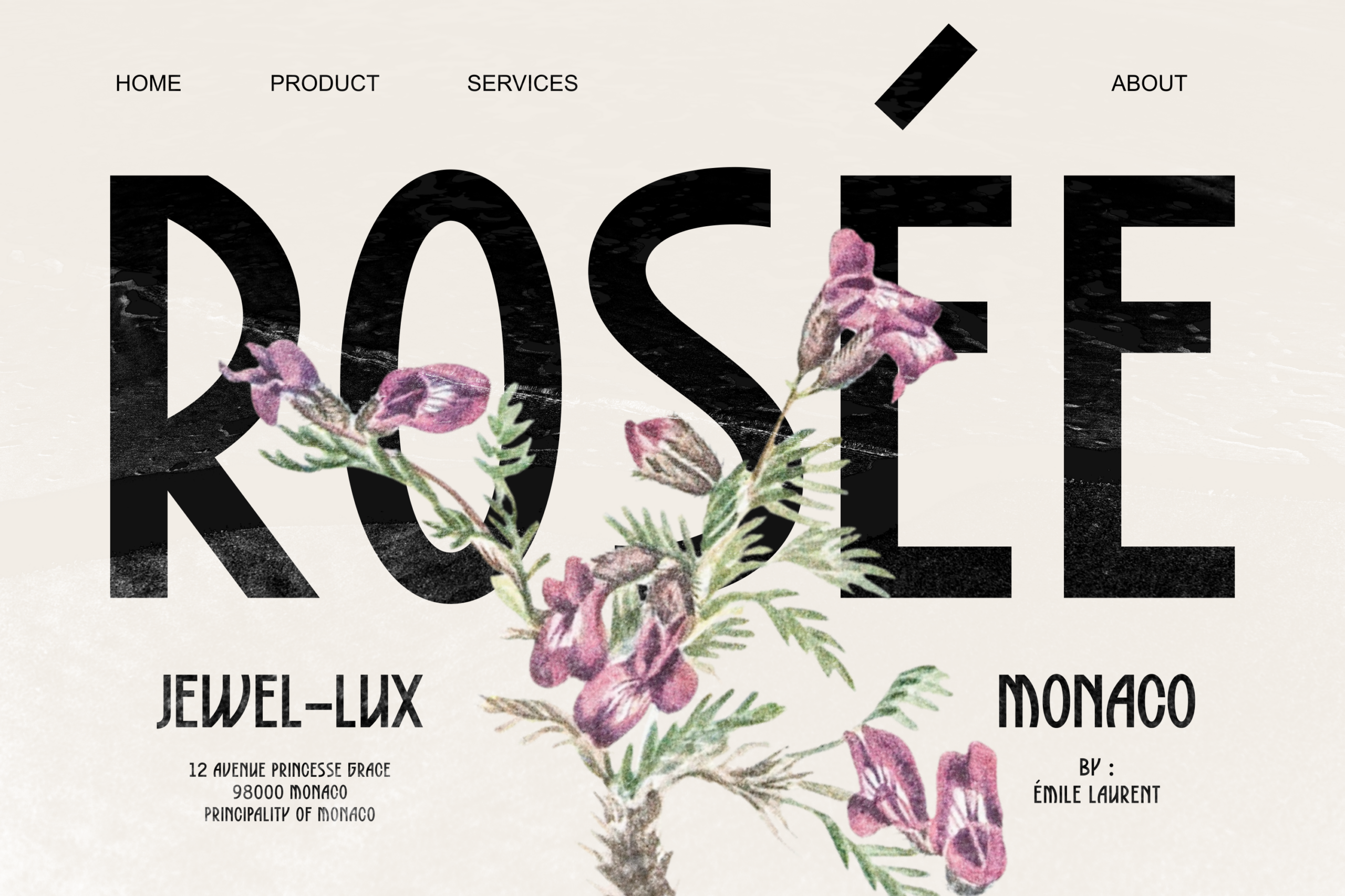 Bold black typography with delicate purple flowers woven through letters on cream background
