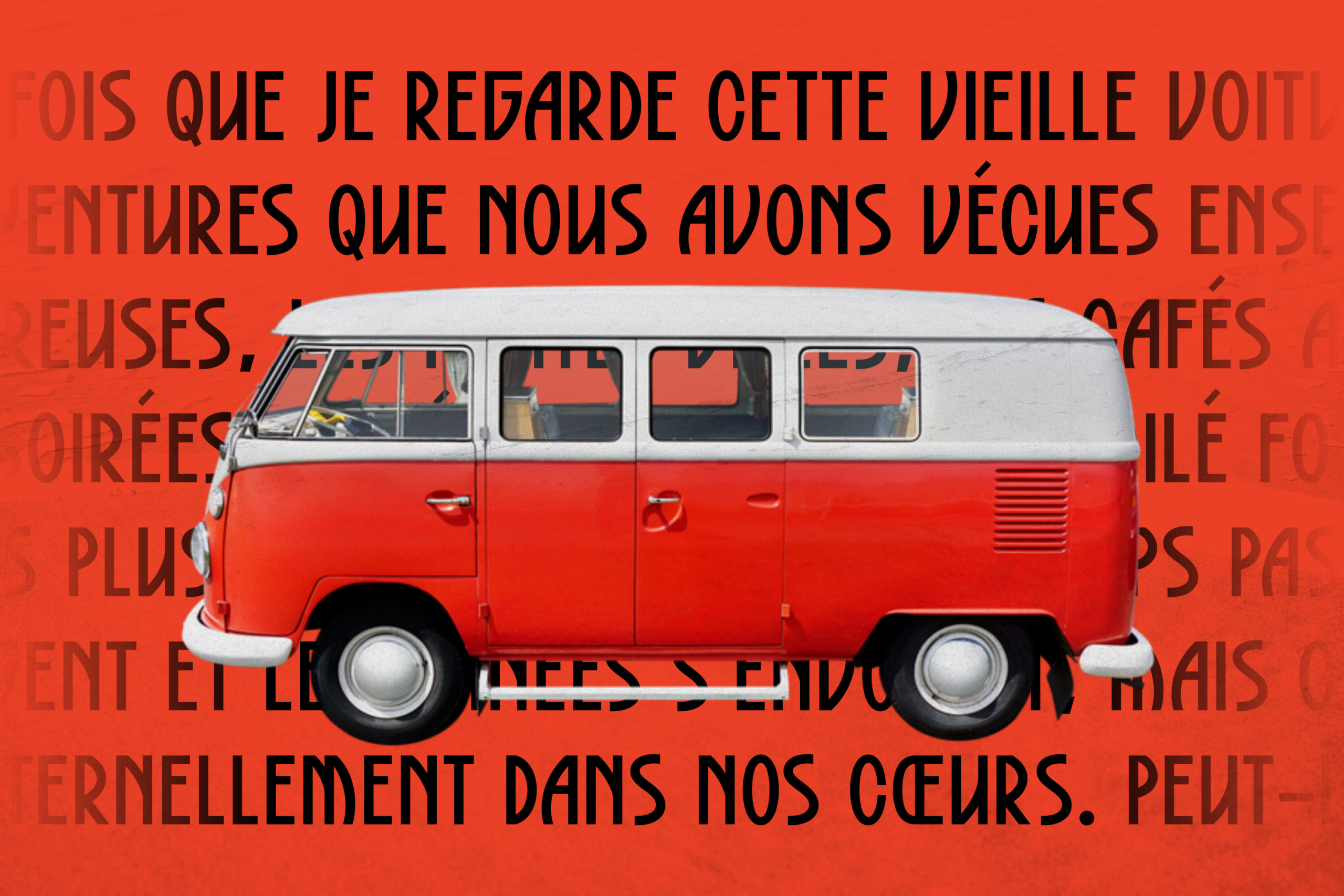Retro red van with white roof against vibrant red background with French text overlay