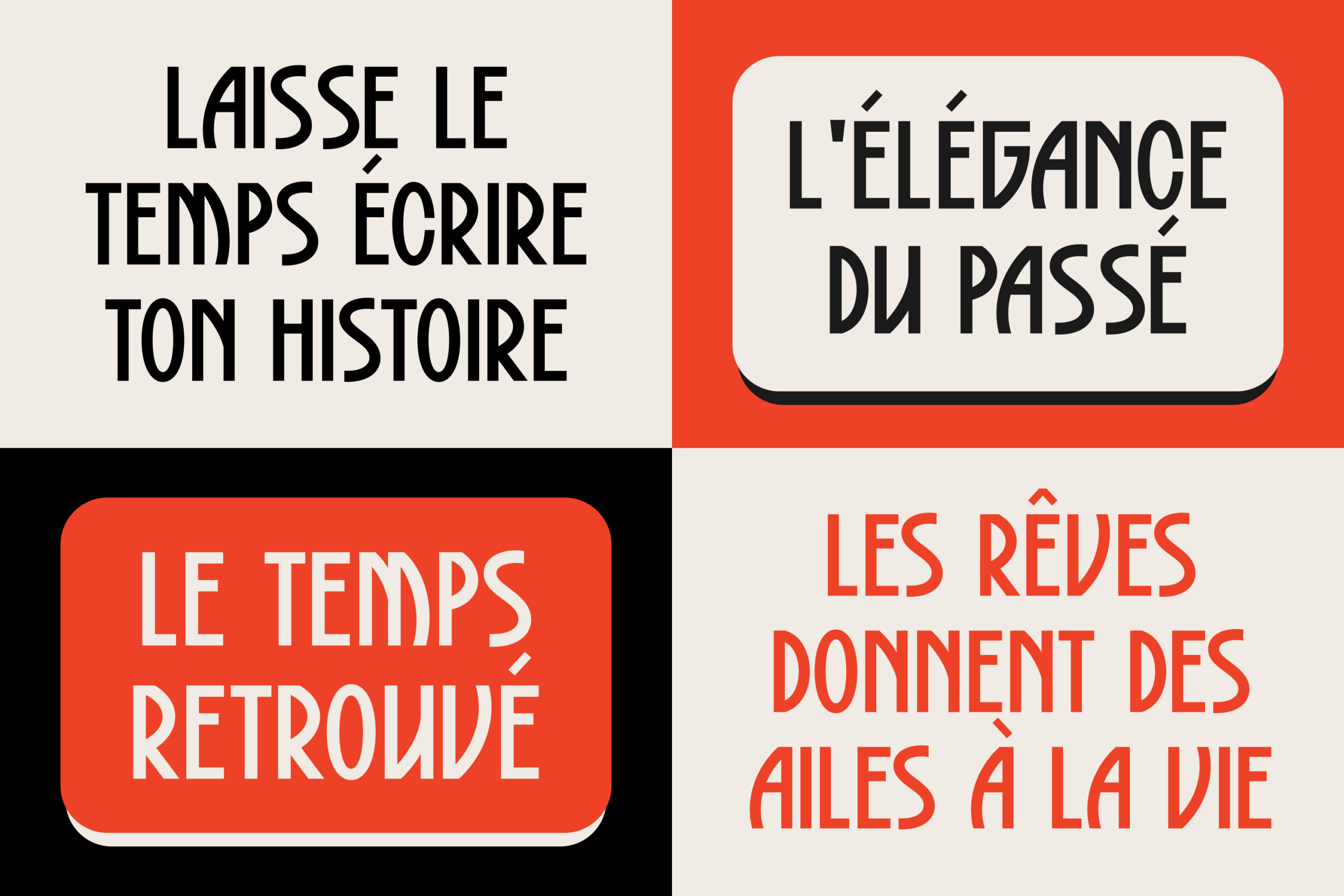 Split-panel French typography poster with bold italic type on red, black, cream backgrounds