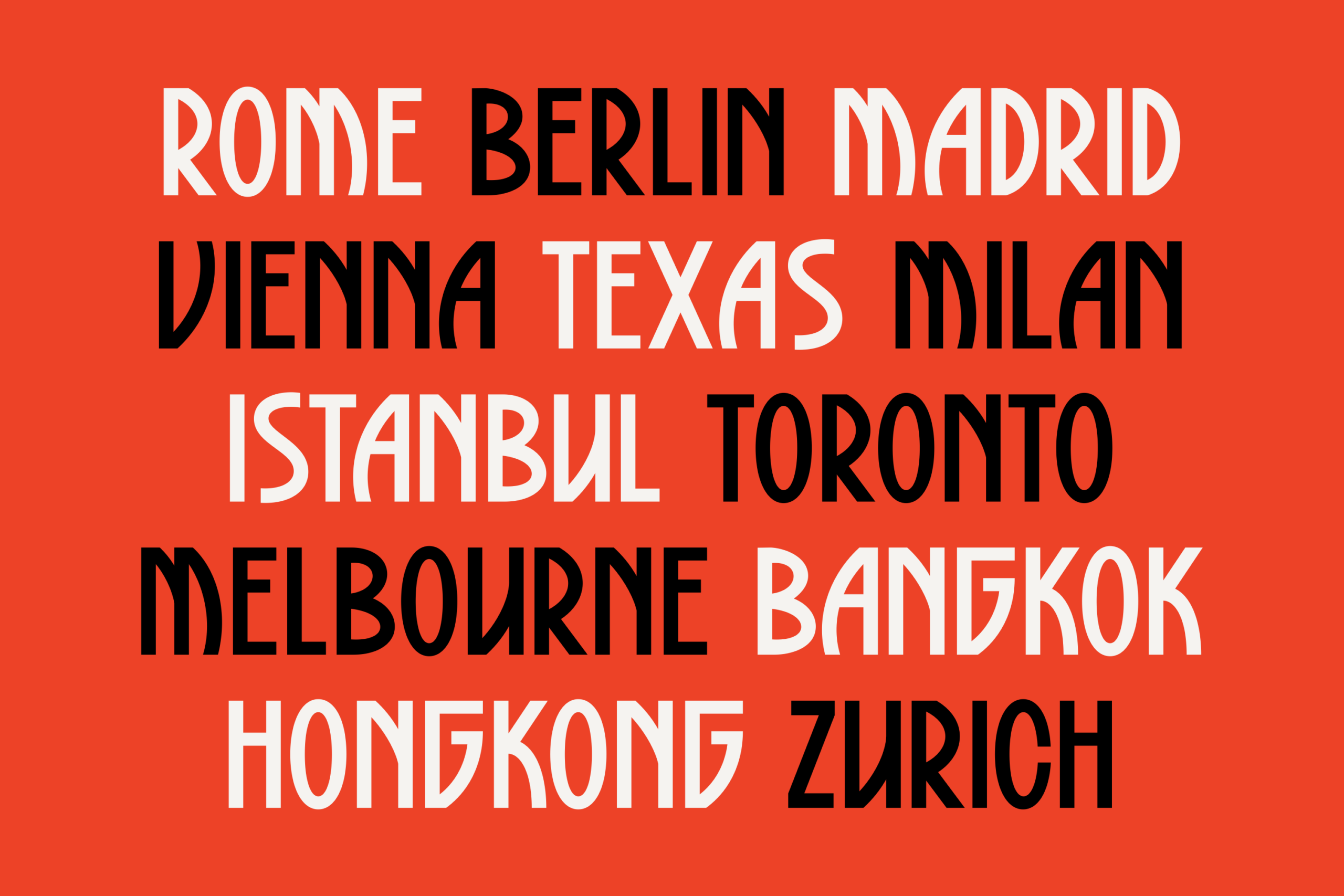 City names in bold black or white typography on vibrant red background