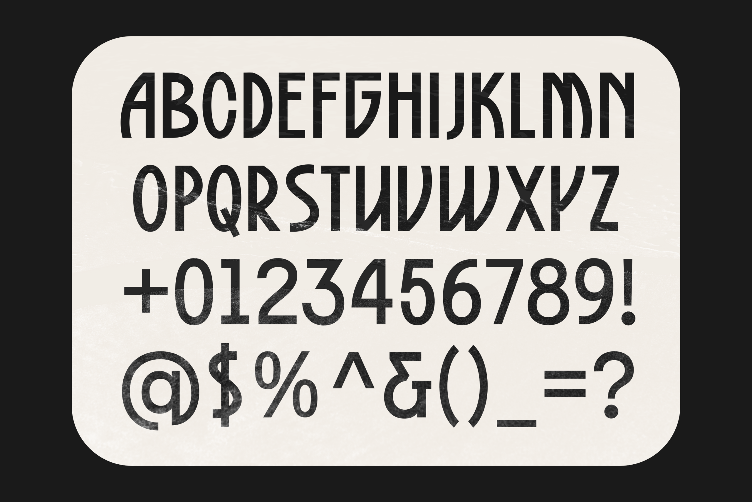 Bold geometric typeface with full character set including numbers, symbols, punctuation on cream background