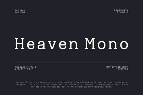 Heaven Mono monospace serif font in regular plus italic styles with OTF, TTF, WOFF files