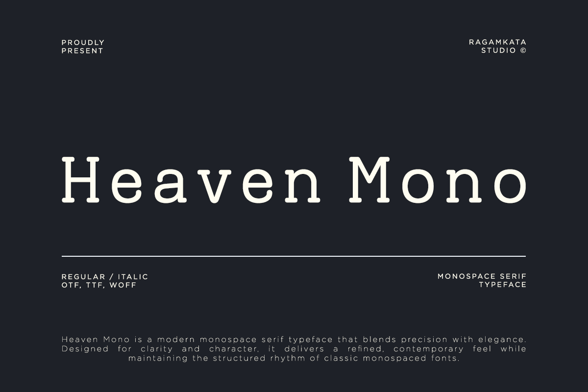 Heaven Mono monospace serif font in regular plus italic styles with OTF, TTF, WOFF files