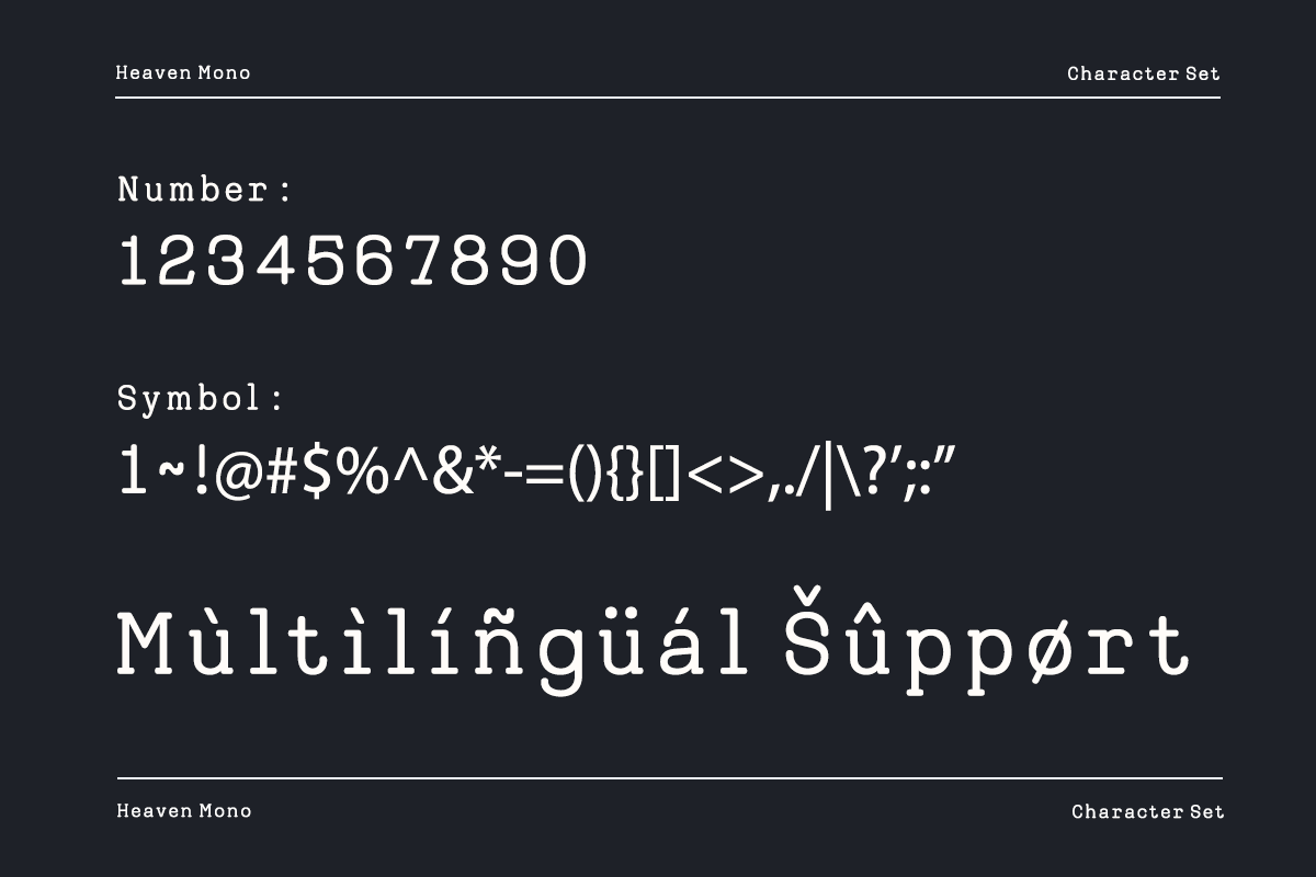 Heaven Mono font character set showing numbers, symbols, multilingual support