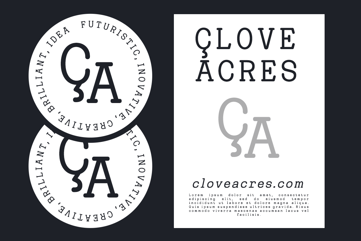Clove Acres brand identity mockup with circular logos plus letterhead layout