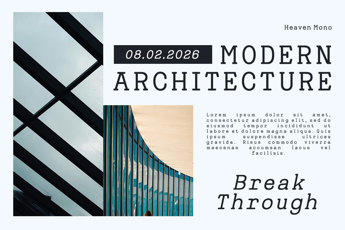 Modern architecture magazine layout with geometric black lines, teal building facade, monospace typography on light background