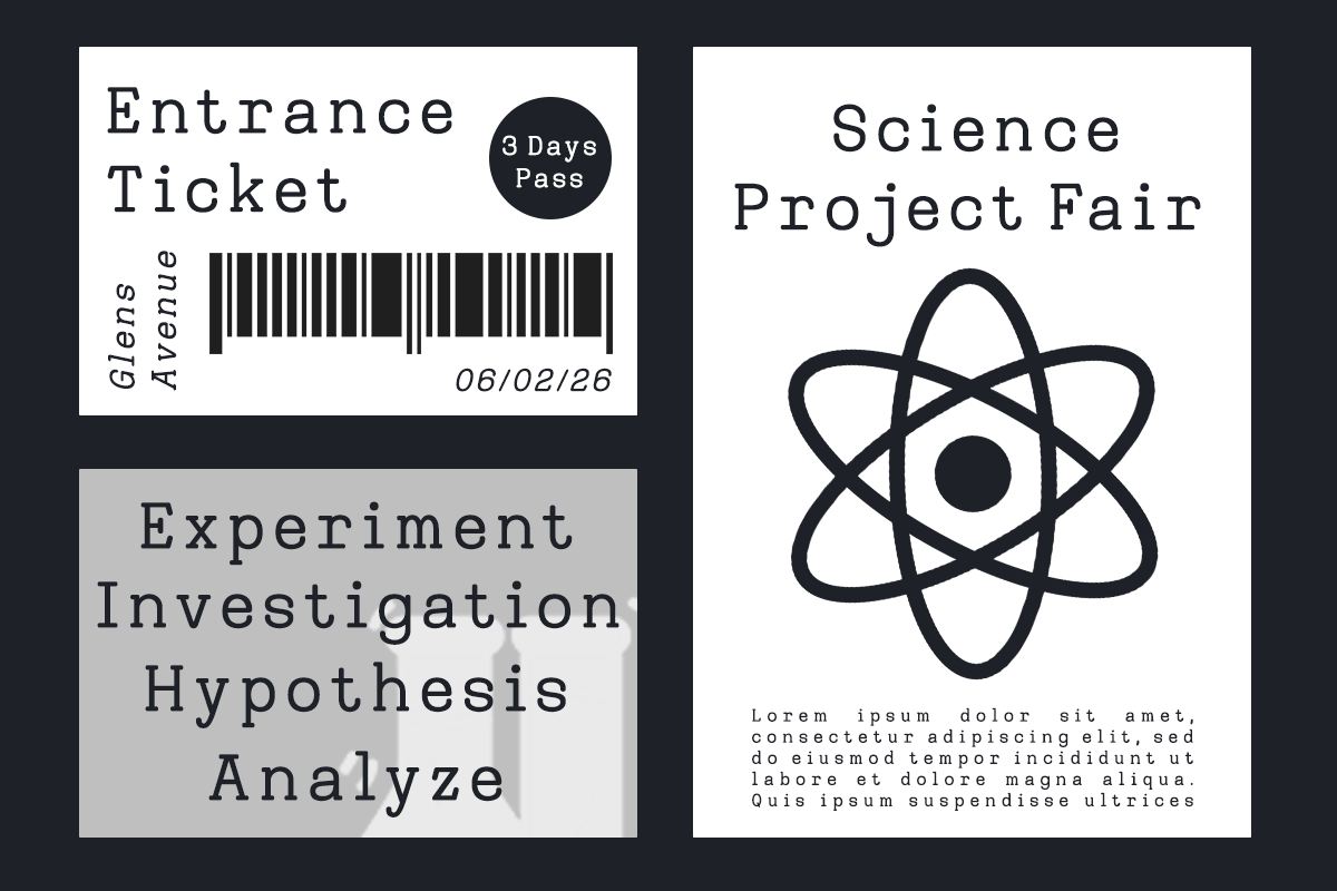 Minimalist science event posters with monospace type, barcode ticket, atom icon, neutral palette