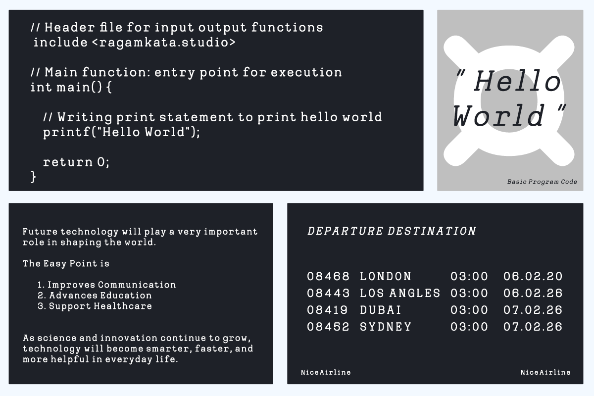 Collection of four dark mockups showing code snippet, Hello World graphic, tech essay layout, plus airline departure board design