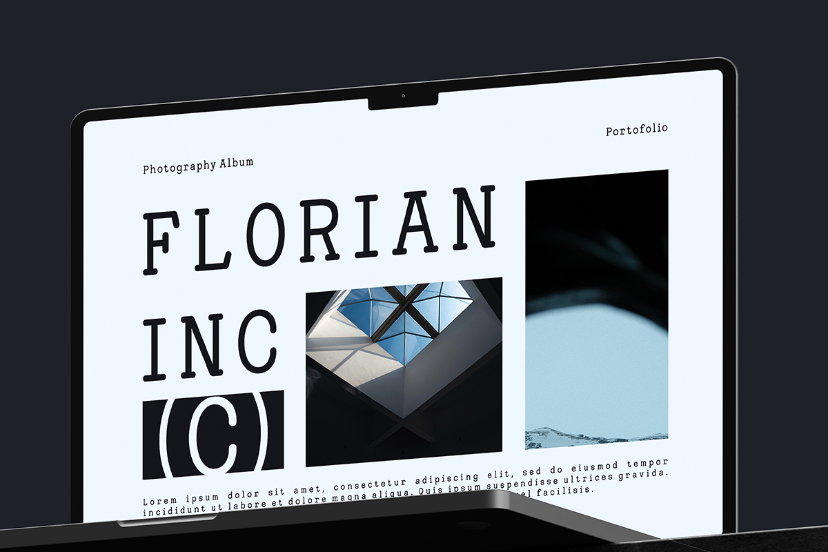 Laptop screen showing minimalist portfolio layout with bold typewriter font, two architectural photos, plus placeholder text
