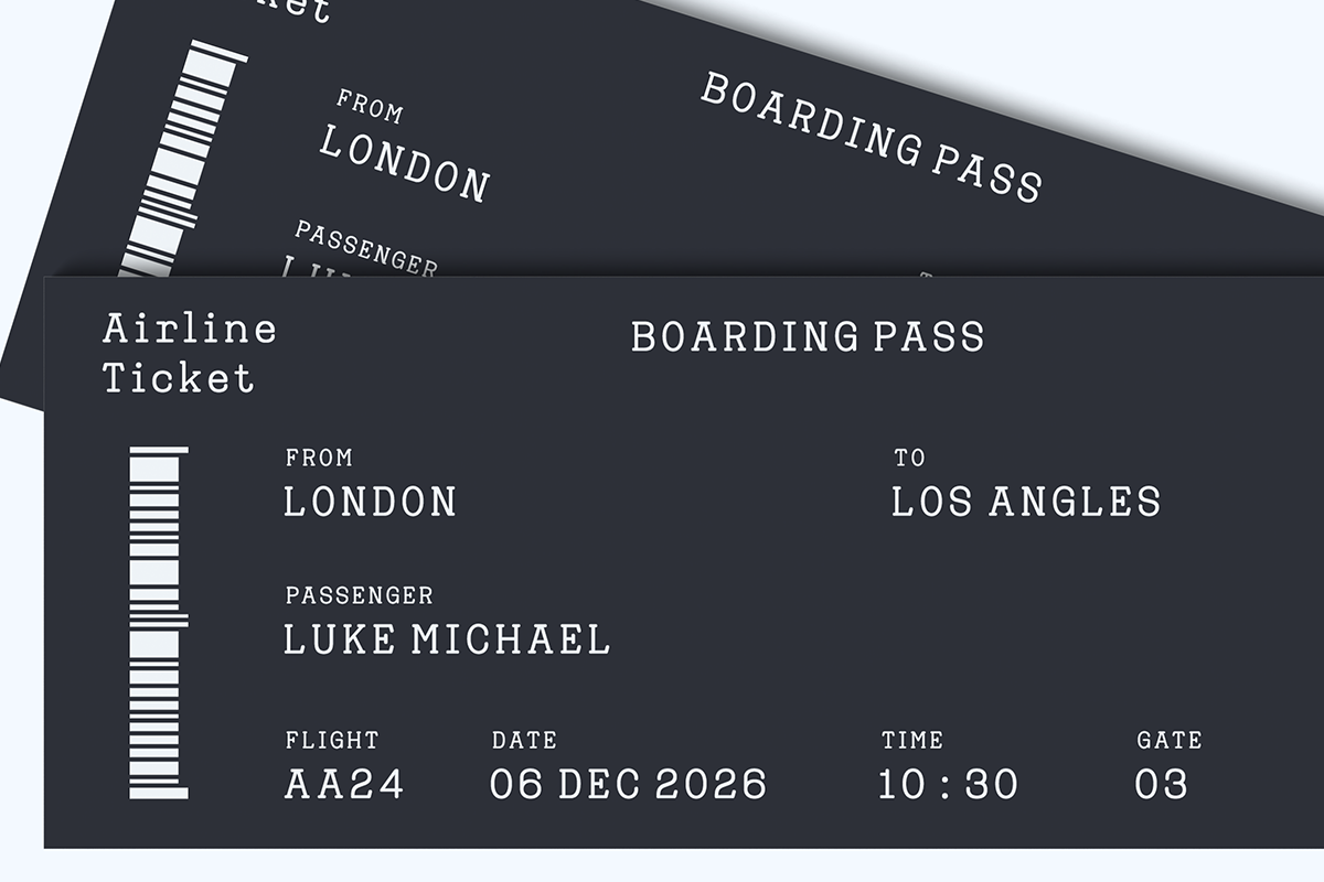 Minimalist airline boarding pass mockup with barcode, London to Los Angeles flight details on dark background