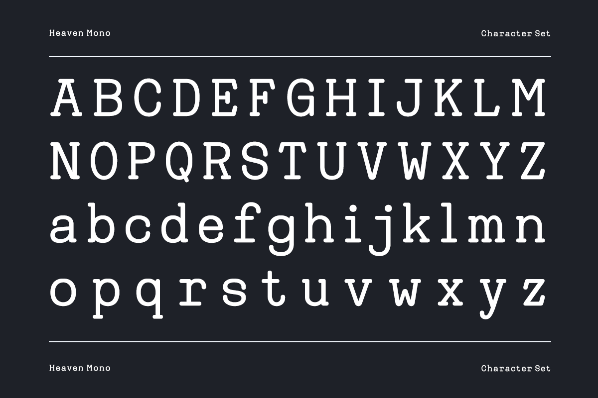 Heaven Mono font character set showing uppercase, lowercase letters on dark background