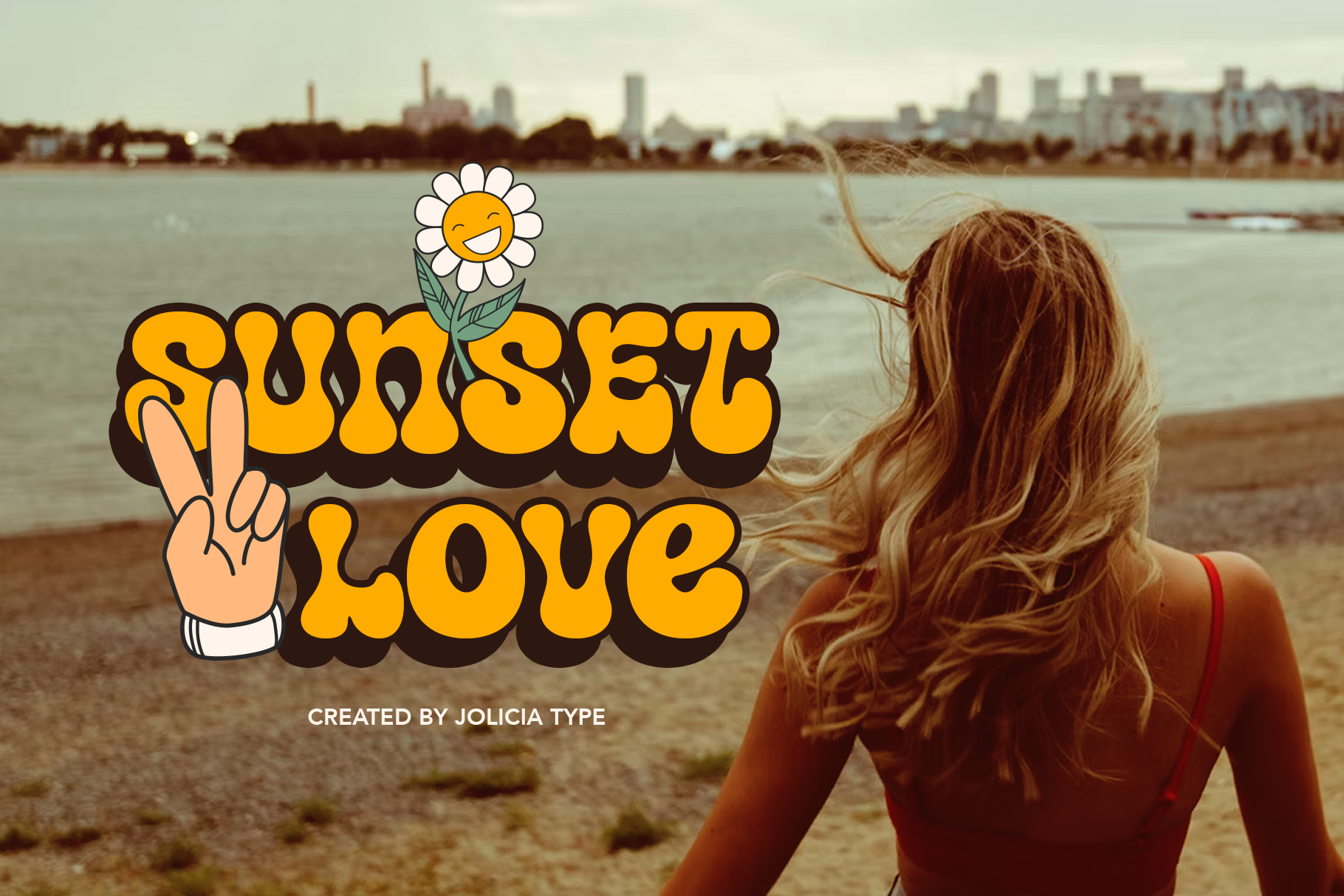 Retro yellow type graphic with smiley daisy, peace hand, overlaid on beach photo with woman looking at water