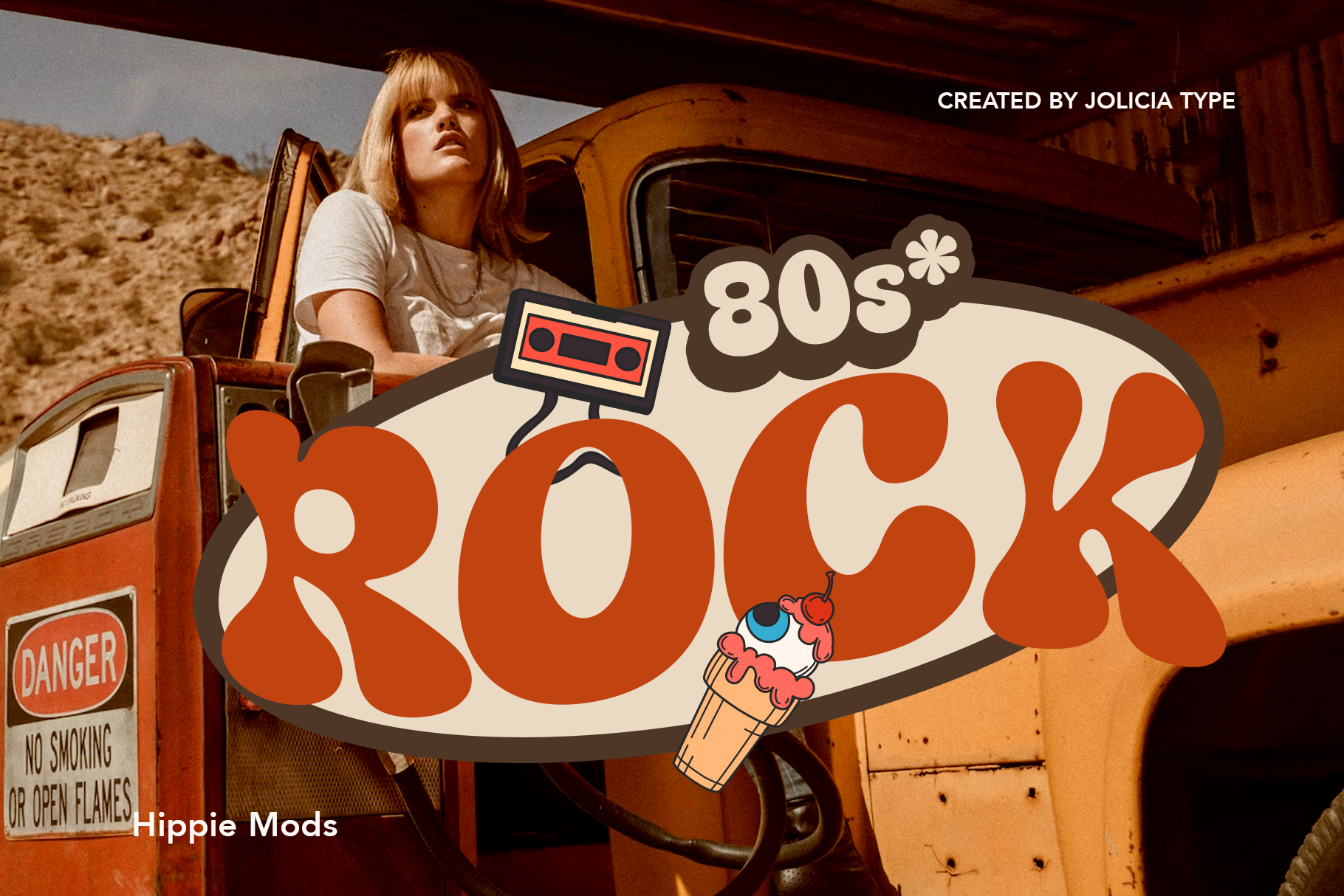 Retro 80s rock graphic with cassette tape, ice cream cone, bold orange lettering over desert truck scene