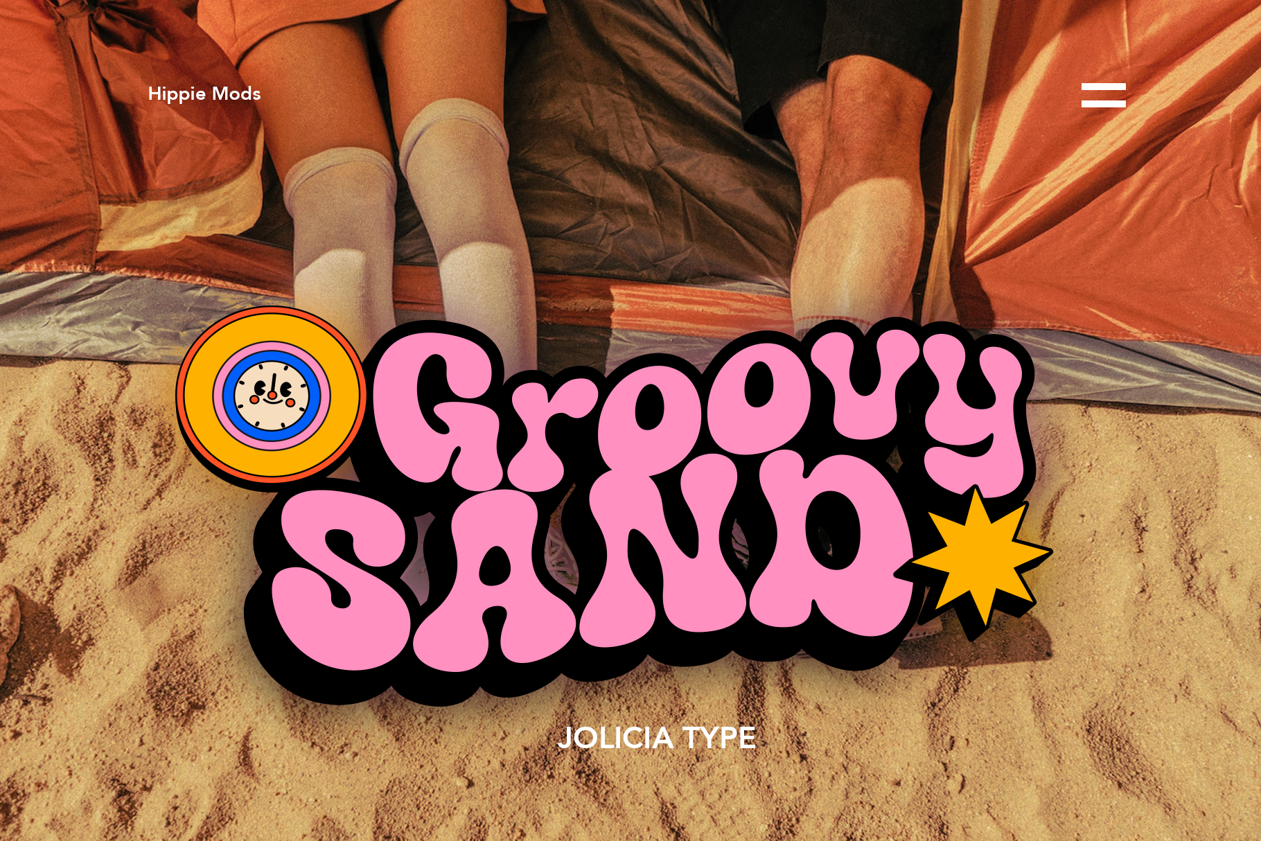 Groovy Sand retro font with bubbly pink letters, yellow star, smiley face badge over beach photo