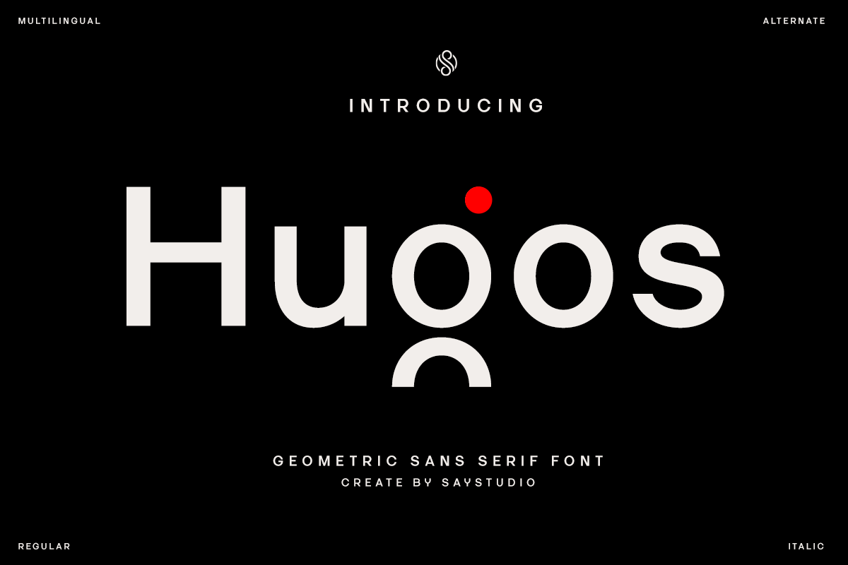 Huoos geometric sans serif font with red accent dot on black background