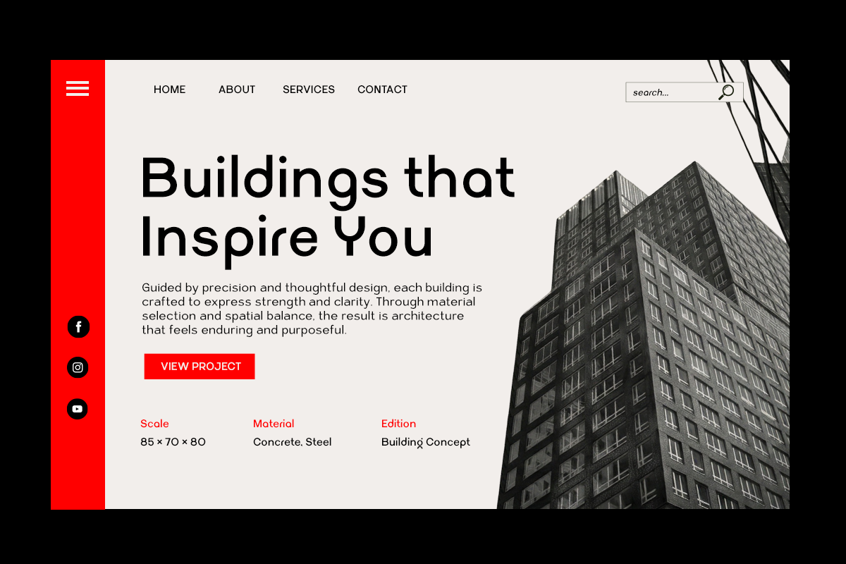 Modern website mockup with red sidebar, navigation menu, bold headline, concrete building photo on right