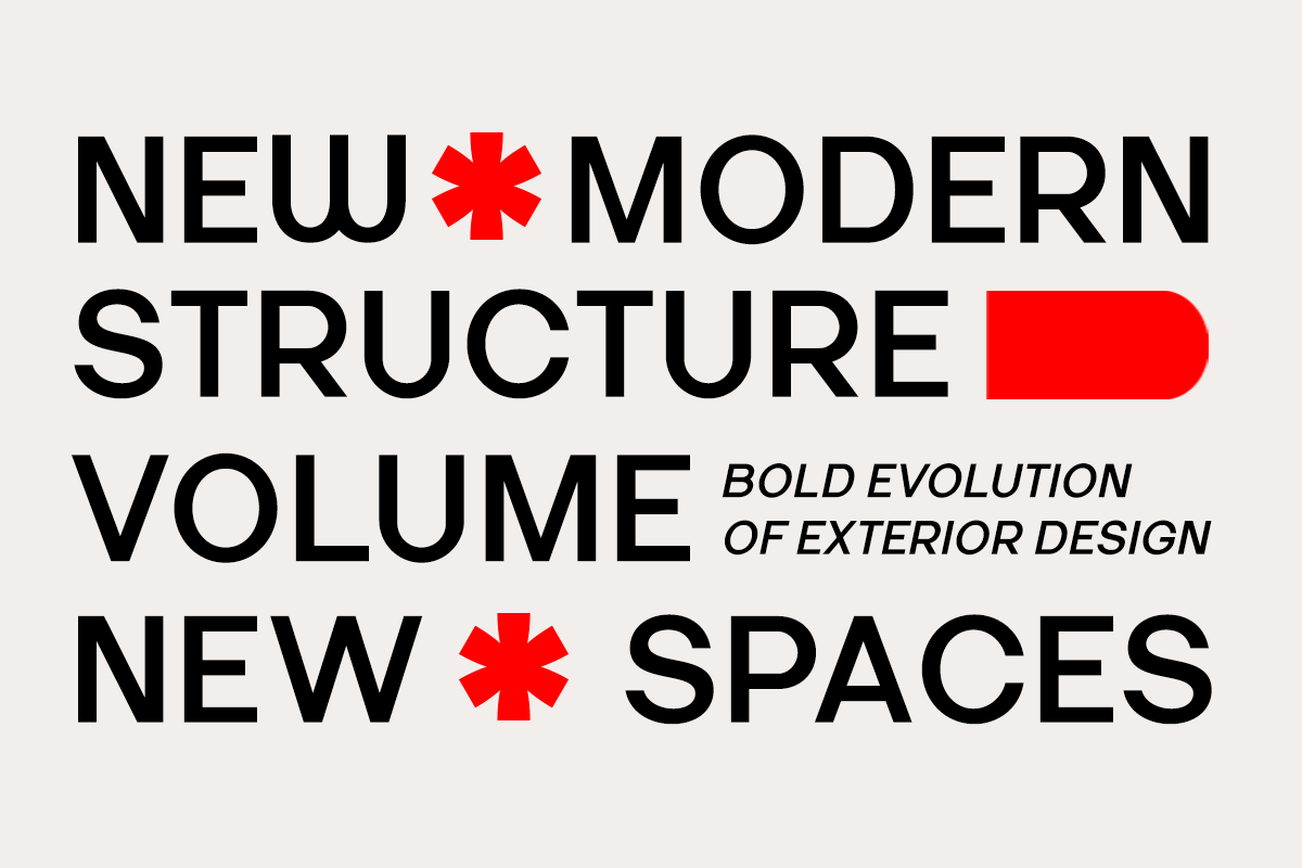 Bold sans serif typography layout with red asterisk accents, tagline reads "bold evolution of exterior design"