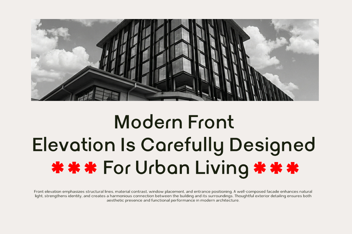 Modern building facade mockup with black geometric grid pattern, cloudy sky background