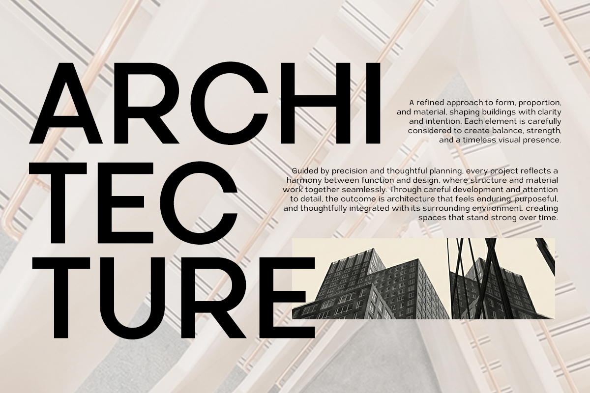 Architecture design guide with bold typography over blueprint background with building photos