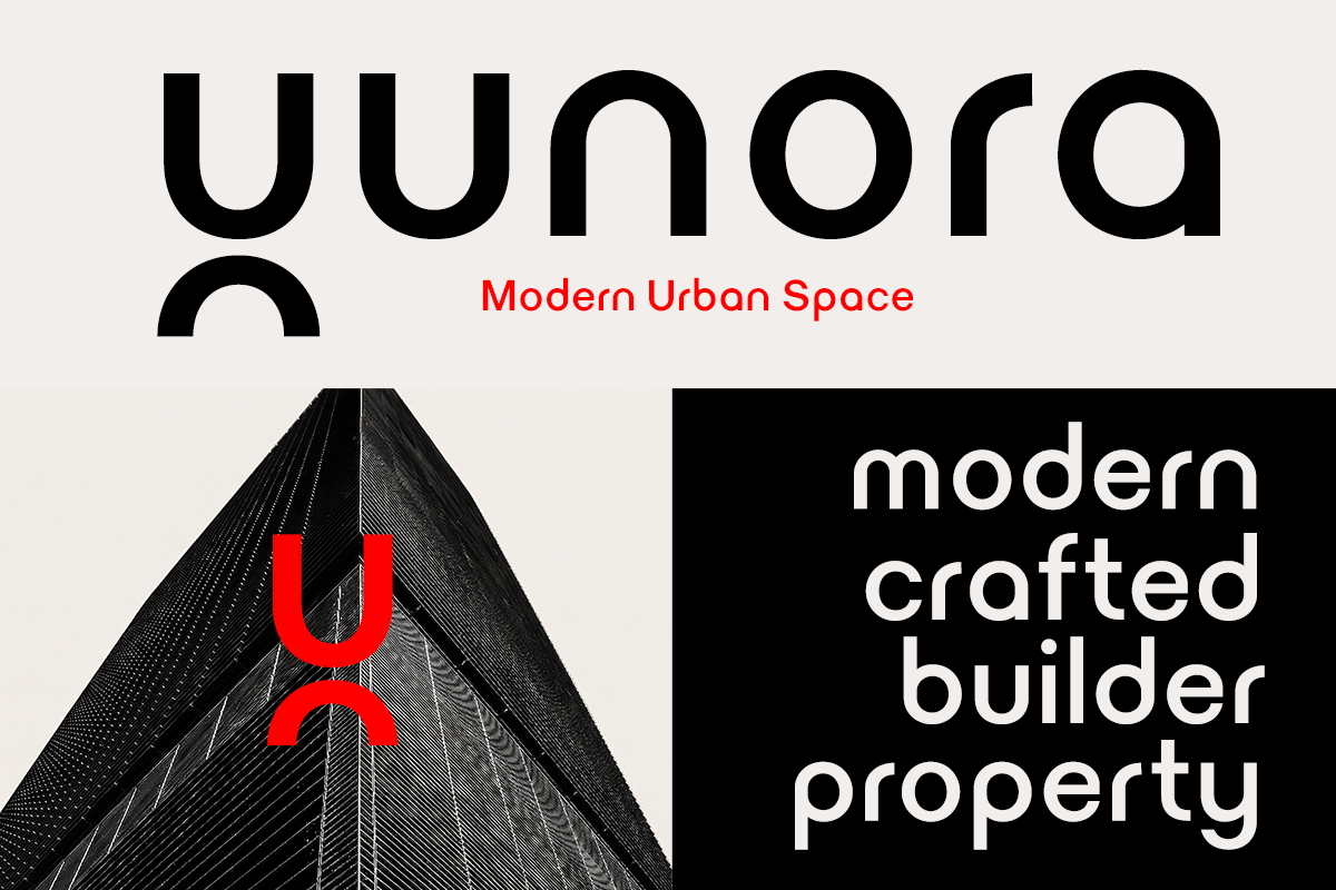Unora font displayed with modern urban architecture, red accent details, minimal design