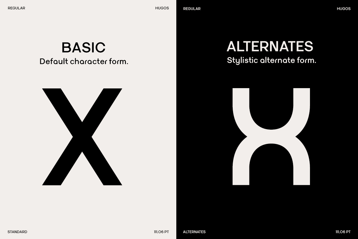 Hugos typeface showing basic X character in regular weight plus stylistic alternate forms