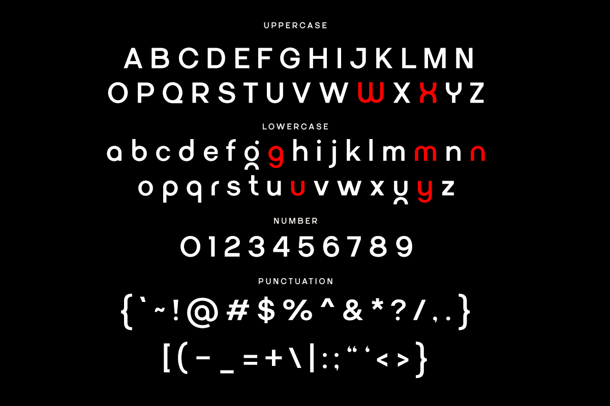 Modern sans serif font with uppercase, lowercase, numbers, punctuation on black background with red accents