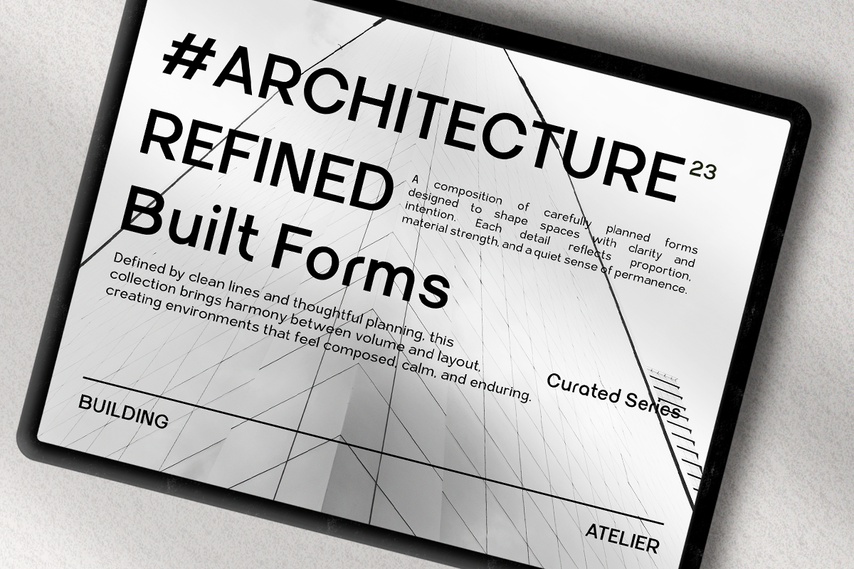 Tablet screen displaying Architecture 23 Built Forms publication with geometric line drawings, typography, plus descriptive text about design principles
