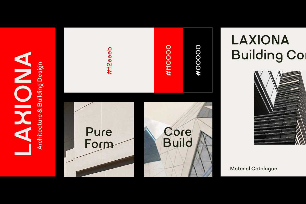 Modern architecture branding mockup with red, black, white color swatches plus building photography