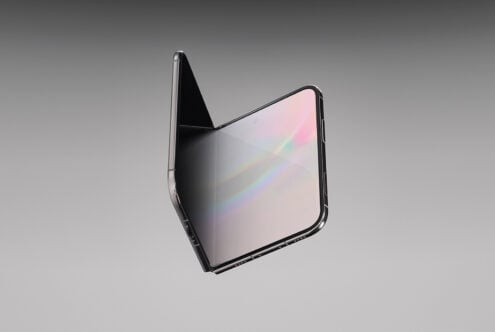 Foldable phone mockup with holographic gradient display on neutral background