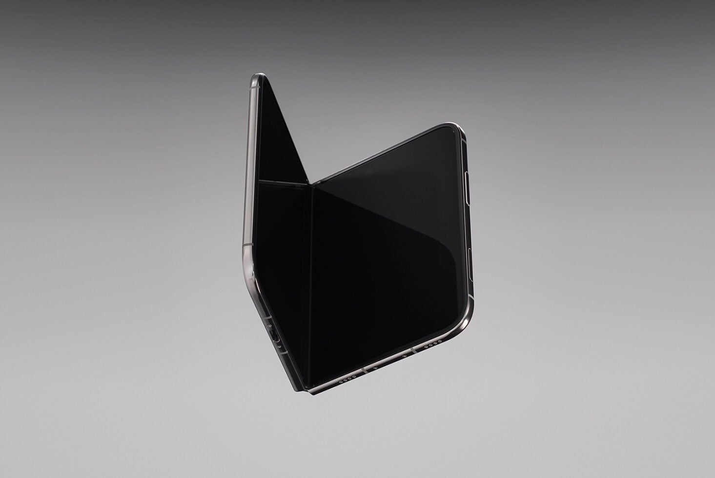 Foldable phone mockup with open display on neutral gray background, angled view