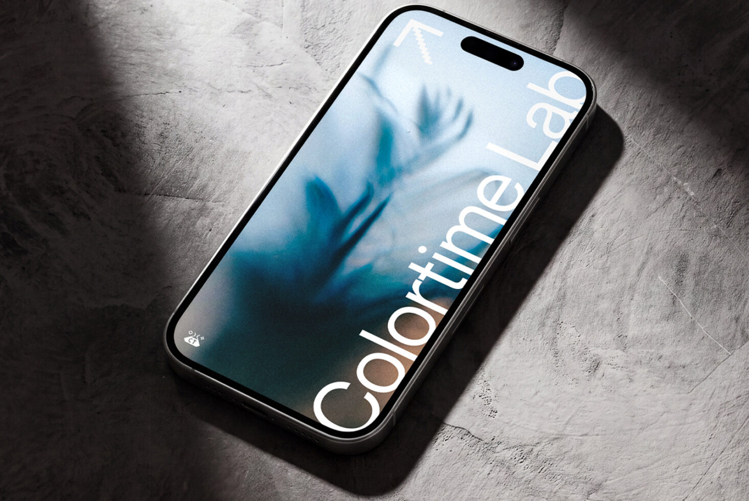iPhone 14 Pro mockup with blurred leaf background, editable text overlay on concrete