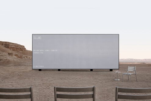 Large billboard mockup in desert landscape with metal chairs in foreground