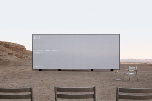 Outdoor billboard mockup in desert landscape with metal chair, rocky cliffs, minimal seating