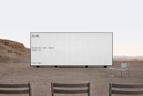 Minimalist billboard mockup in desert landscape with specs displayed on screen