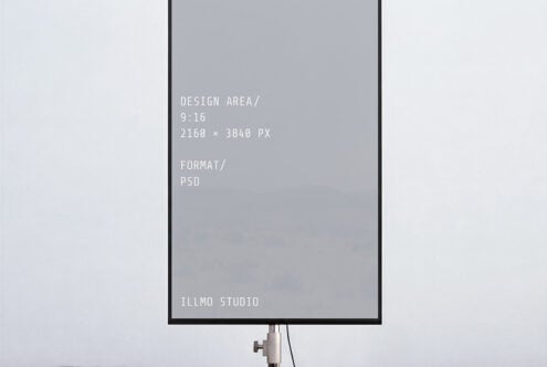 Vertical monitor mockup showing specs, 9:16 ratio, PSD format by Illmo Studio