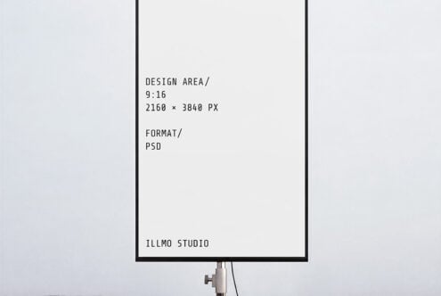Monitor mockup showing 9:16 vertical specs, PSD file format with editable design area by Illmo Studio