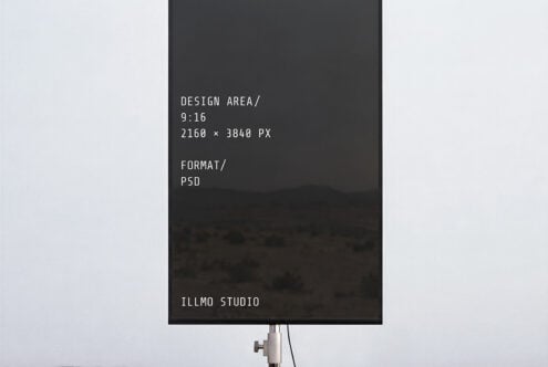 Vertical phone mockup with specs displayed on dark screen, light background