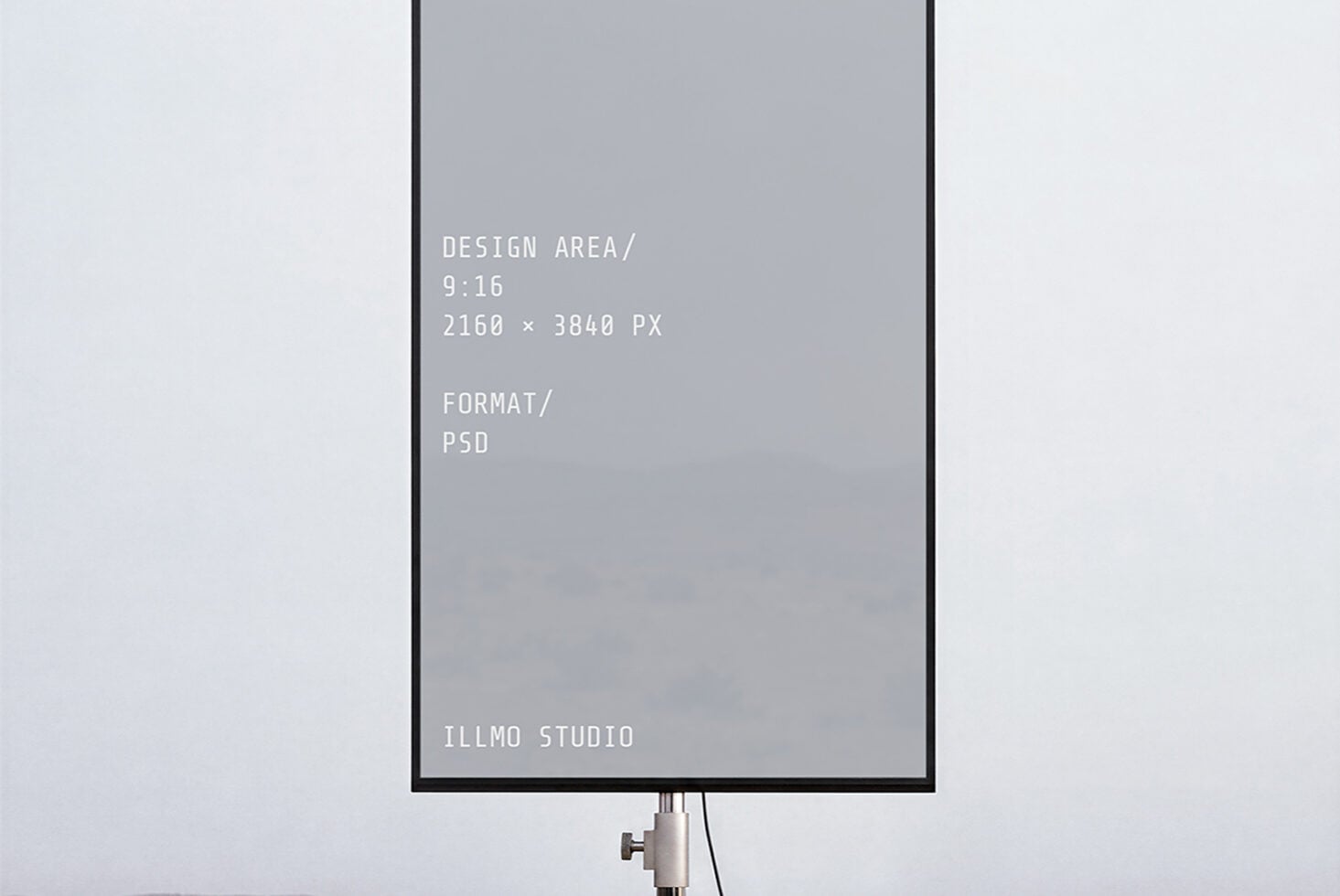 Vertical monitor mockup showing 9:16 aspect ratio with specs text on gray screen
