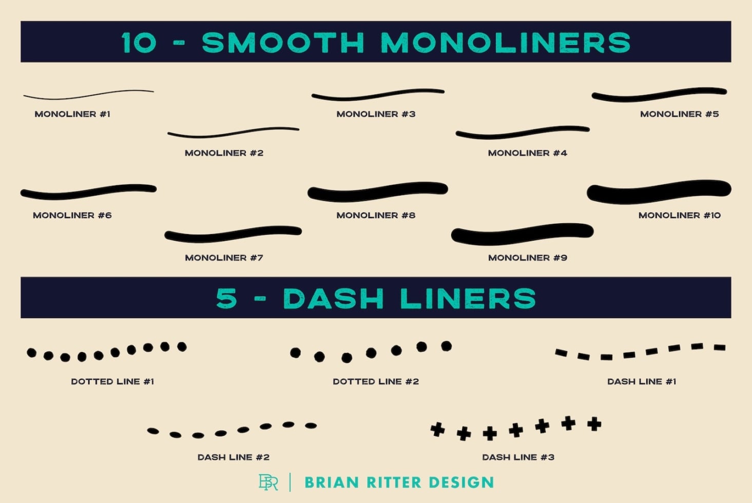 10 smooth monoliners plus 5 dash liners in black on cream background