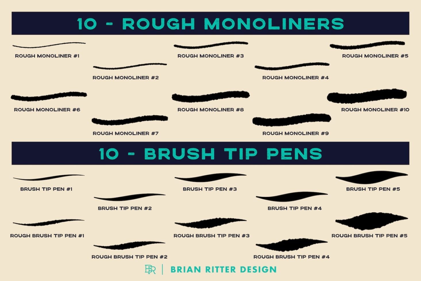 20 rough monoliners plus 10 brush tip pen strokes in black on cream background