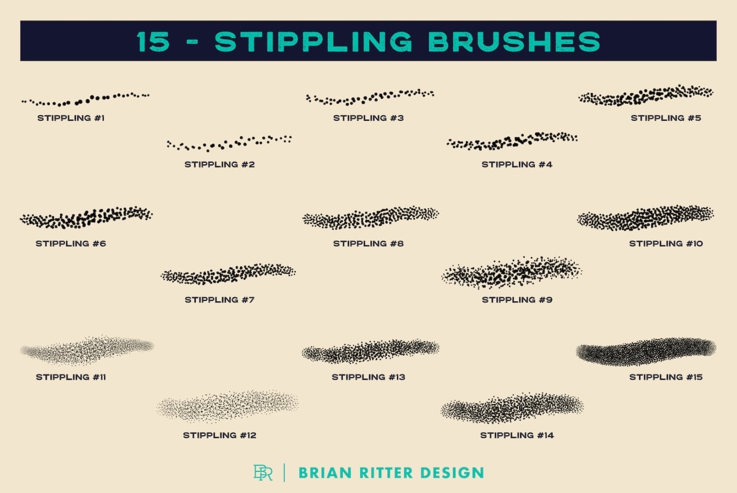 Fifteen stippling brush textures labeled one through fifteen, ranging from sparse dots to dense grainy marks on beige background