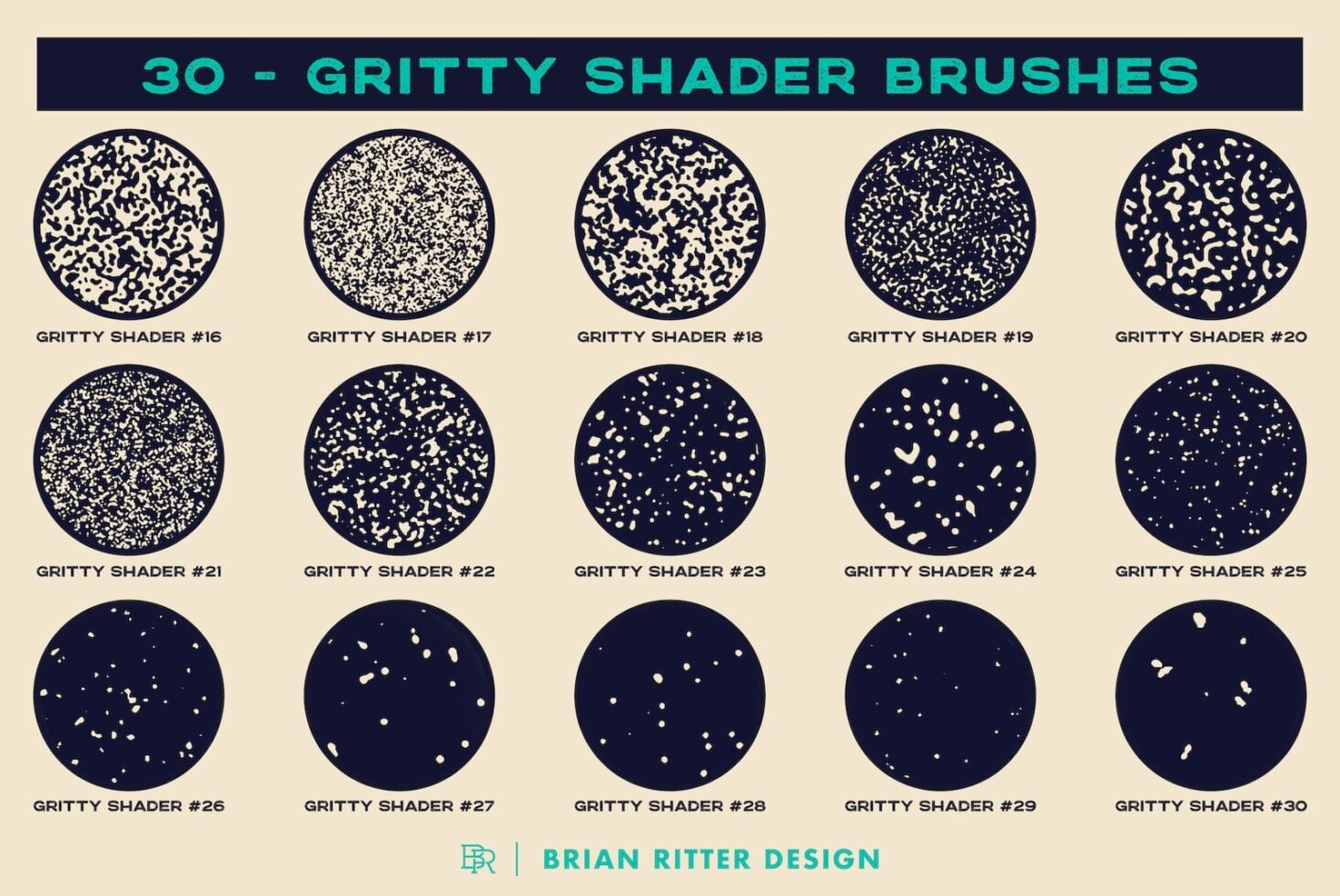 30 gritty shader brushes in navy with cream texture ranging from dense to sparse patterns
