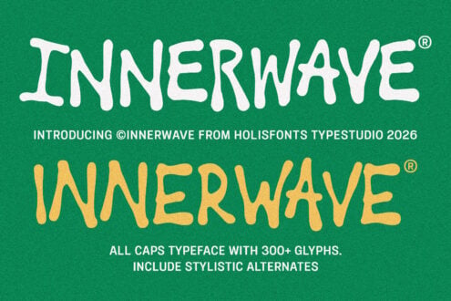 Innerwave font by Holisfonts showing white caps then yellow caps on green background